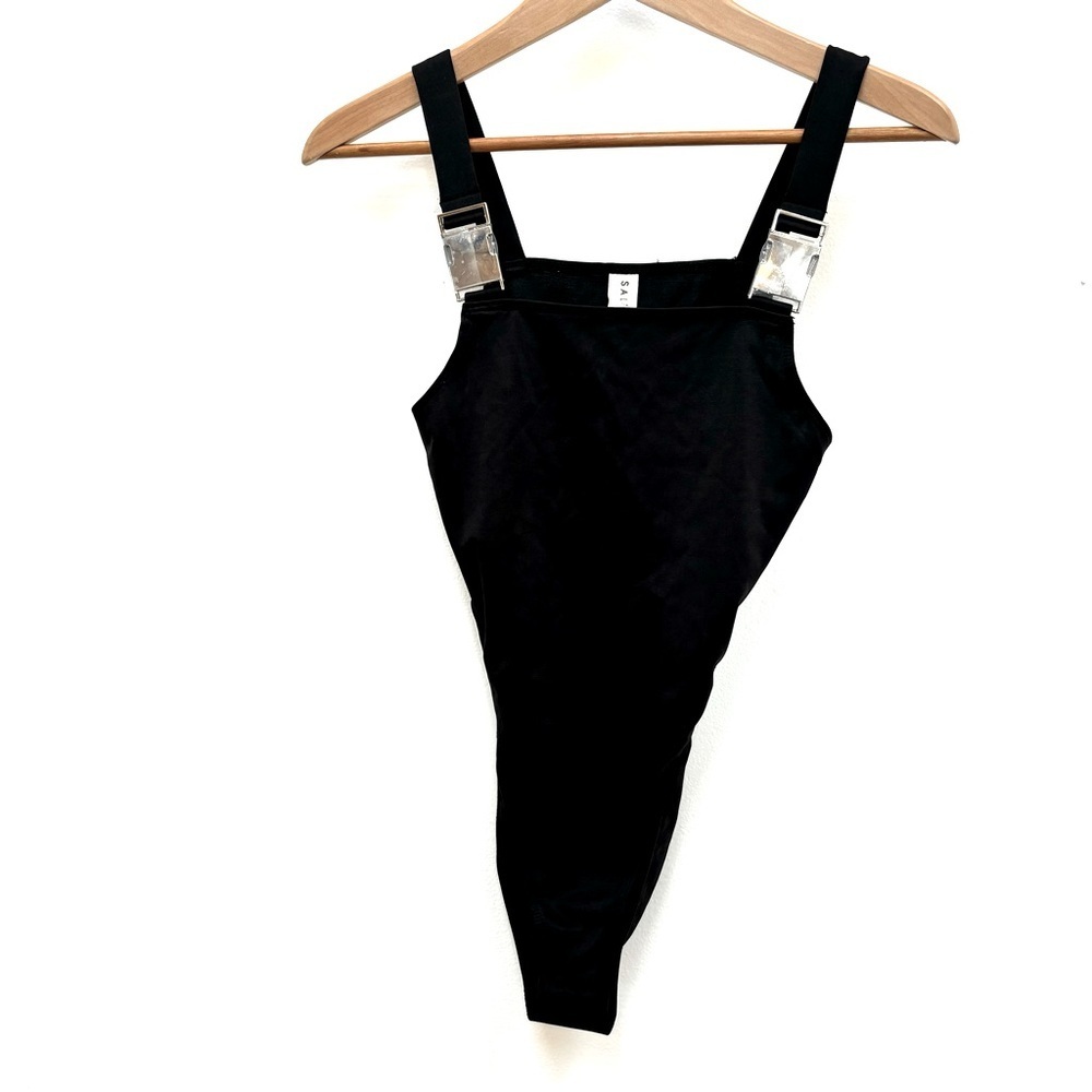 Salty Square Neck High Cut Buckle Strap Sleeveless Black Body Suit Rave S NWOT
